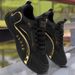 Trendy Black And Gold Color-Blocking Mesh Casual Shoes, Breathable Shock-Absorbing Thick-Soled Sneakers, Versatile_vogvips.com