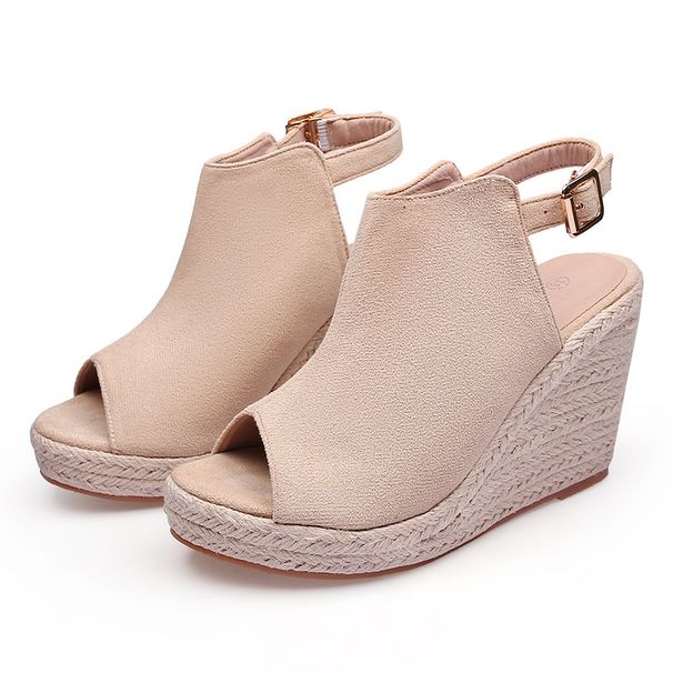 Women’s Shoes Wedge Heel Thick Bottom High Heel Fish Mouth Sandals Women's Straw Rope Bottom Buckle Sandals Large Size Shoes Suede_vogvips.com
