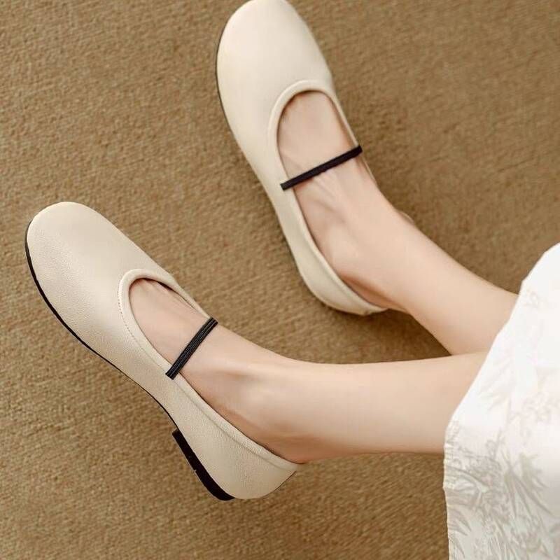 Women's Genuine Leather Soft-soled Slip-on Shoes, White Flat Ballet Shoes With A Single Strap_vogvips.com