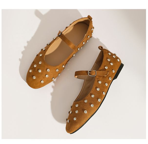 Summer Rivet Rhinestone Mary Jane Shoes Strap Flat Shoes Women's Ballet Shoes Leather Shoes_vogvips.com