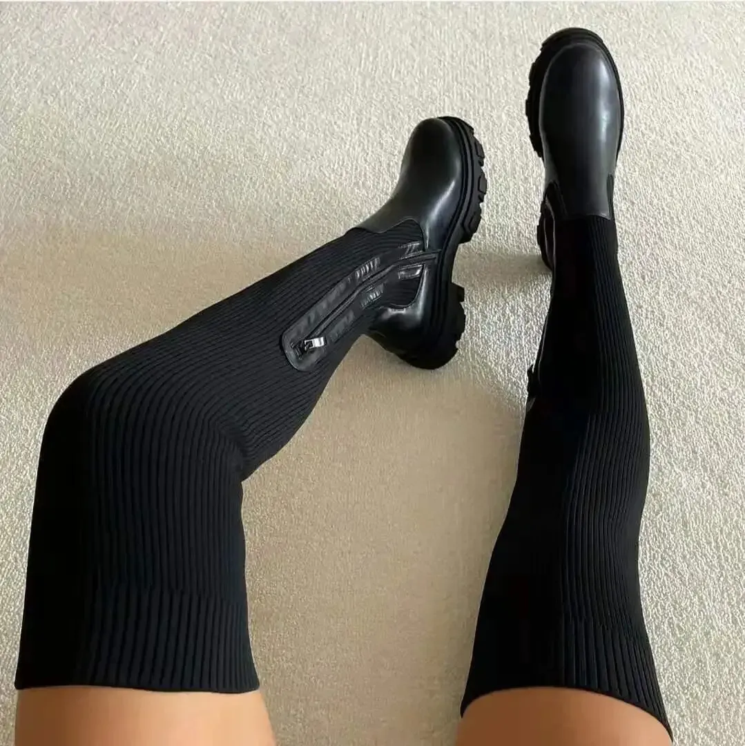 Women Thick Sole Autumn Winter Breathable Knitting Sock Ladies Thigh High Boots Stretch Round Toe Shoes Plus Size 43_vogvips.com
