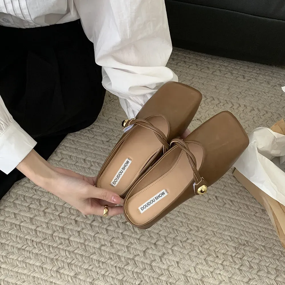 French Flats Slippers Classic Dress Sandal Women Pu Solid Color Square Toe Casual Shoes Size Ss_vogvips.com