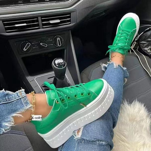 Fashion New Women Lace-up Leather Casual Thick Heel Flat Vulcanize Sneaker Shoes Zapatillas Mujer A0087_vogvips.com