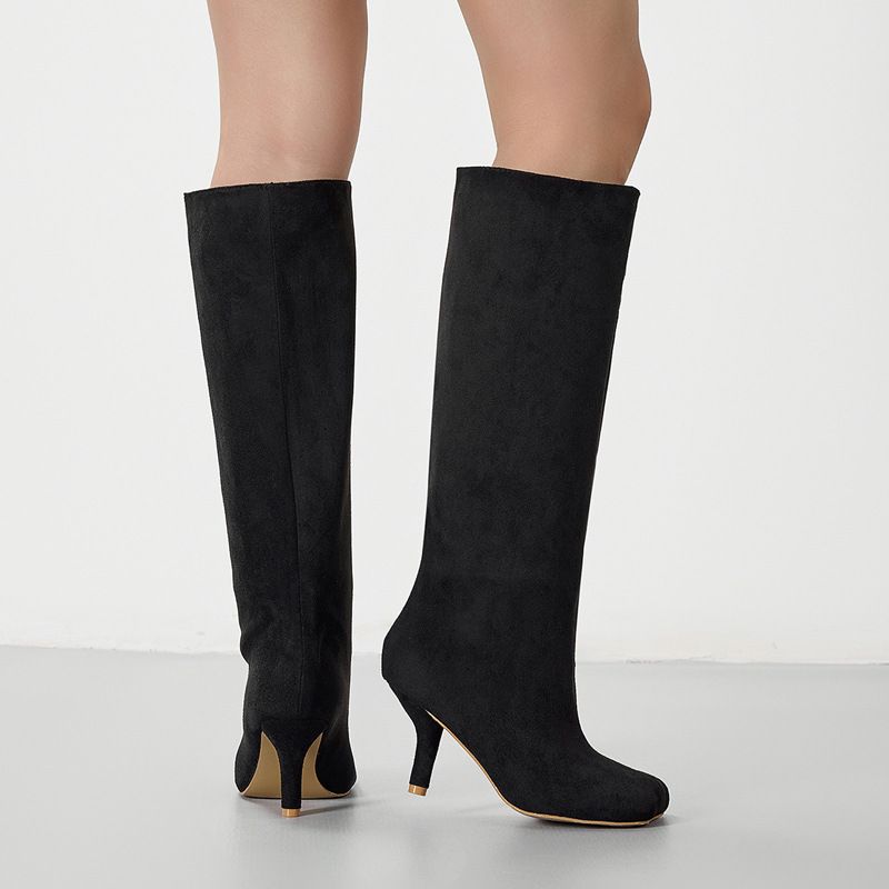 Small Wow Women's Knee-High Suede Riding Boots With 8CM Heel - Stylish Square Toe Boots For Fall & Winter (Black, Khaki, Beige, Sizes 36-42)_vogvips.com