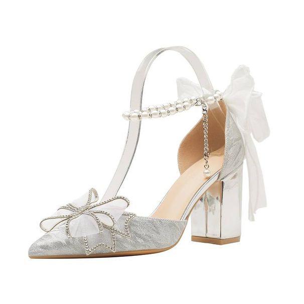 Women's Shoes Mid Heel Versatile Rhinestone Pumps, Sexy Backless Lady Formal Shoes For Wedding & Party Shoes Pearl & Rhinestone Butterfly Decor_vogvips.com