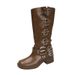 Women's Cowboy Boots With Round Toe And Belt Buckle Detail, Chunky Heel Mid Calf Boots For Fall Winter, Retro Style Leather Look Boots In Brown_vogvips.com