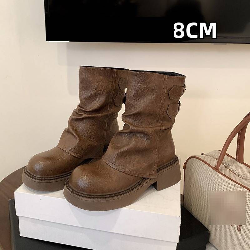 Women's Shoes Maillard Retro Brown Leather Ankle Boots With Chunky Heel & Hidden Platform - Comfortable Low-Cut Chelsea Boots For Fall Winter Spring_vogvips.com