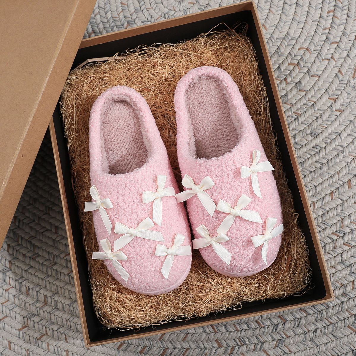 Women's Cozy Bow Slip-On House Slippers With Non-Slip Sole For Indoor Comfort And Warmth Girly Cute Warm Home Fur Slippers_vogvips.com