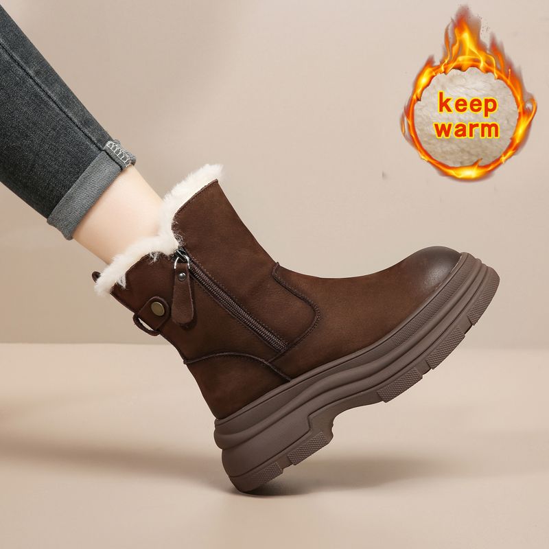 【First-layer Cowhide】Women's 2025 Winter New Arrival Versatile Thick Sole Mid-Calf Genuine Leather Wool-Trimmed Snow Boots_vogvips.com