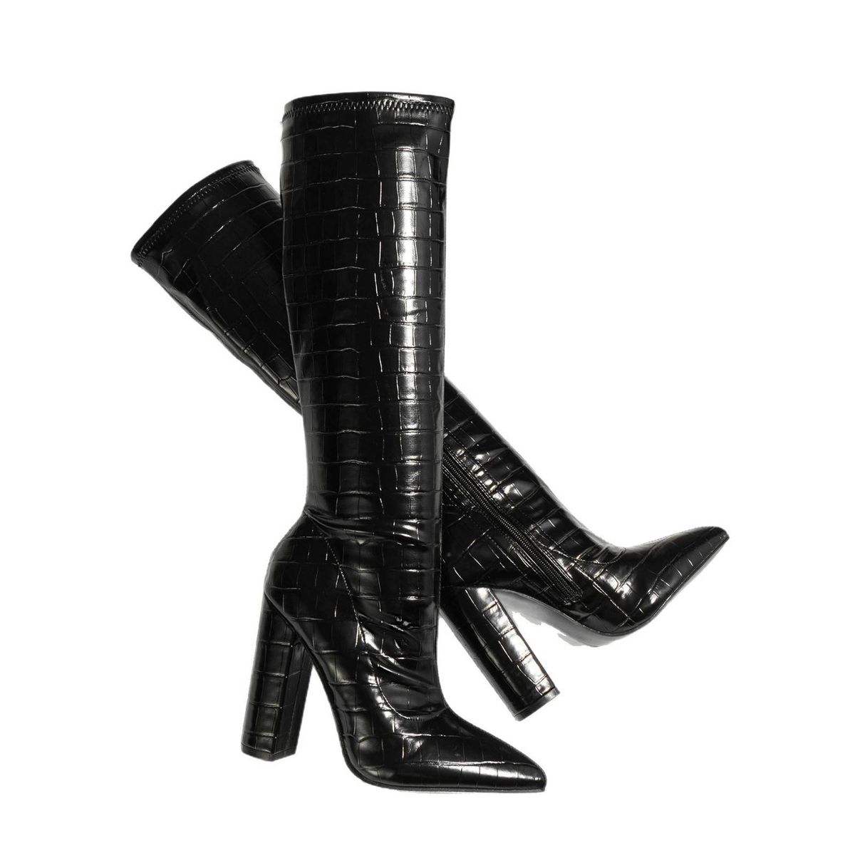 Women's Shoes Sexy Crocodile Pattern High Heeled Riding Boots, Hot Girl Pointed Toe Patent Leather Chunky Heel Black Long Boots_vogvips.com
