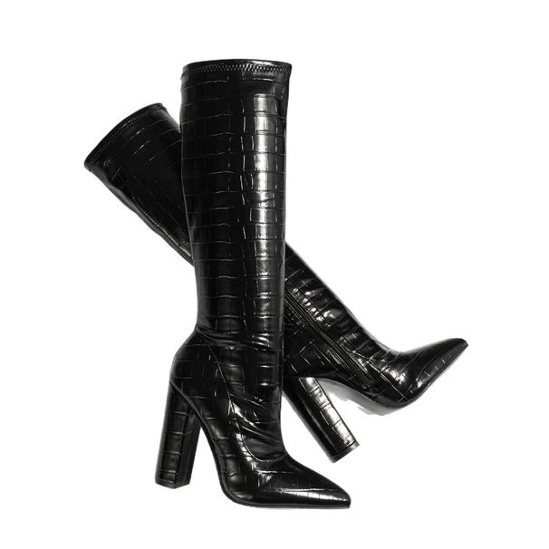 Women's Shoes Sexy Crocodile Pattern High Heeled Riding Boots, Hot Girl Pointed Toe Patent Leather Chunky Heel Black Long Boots_vogvips.com