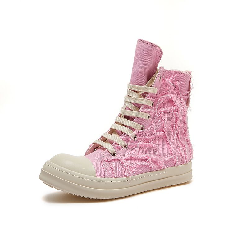 New European And American Style Canvas High-Top Pink Tassel Ripped Sports Casual Women's Breathable Round-Toe Lace-Up_vogvips.com