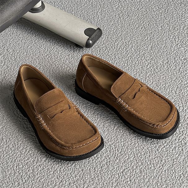 High End British Brown Bean Men's Square Toe Commuting Versatile One Foot Leather Shoes Old Money Style Loafers_vogvips.com
