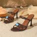 European And American Style Brown Stiletto Sandals For Women, Pointed Toe, Cross Straps, Blue Gemstone Decoration,_vogvips.com