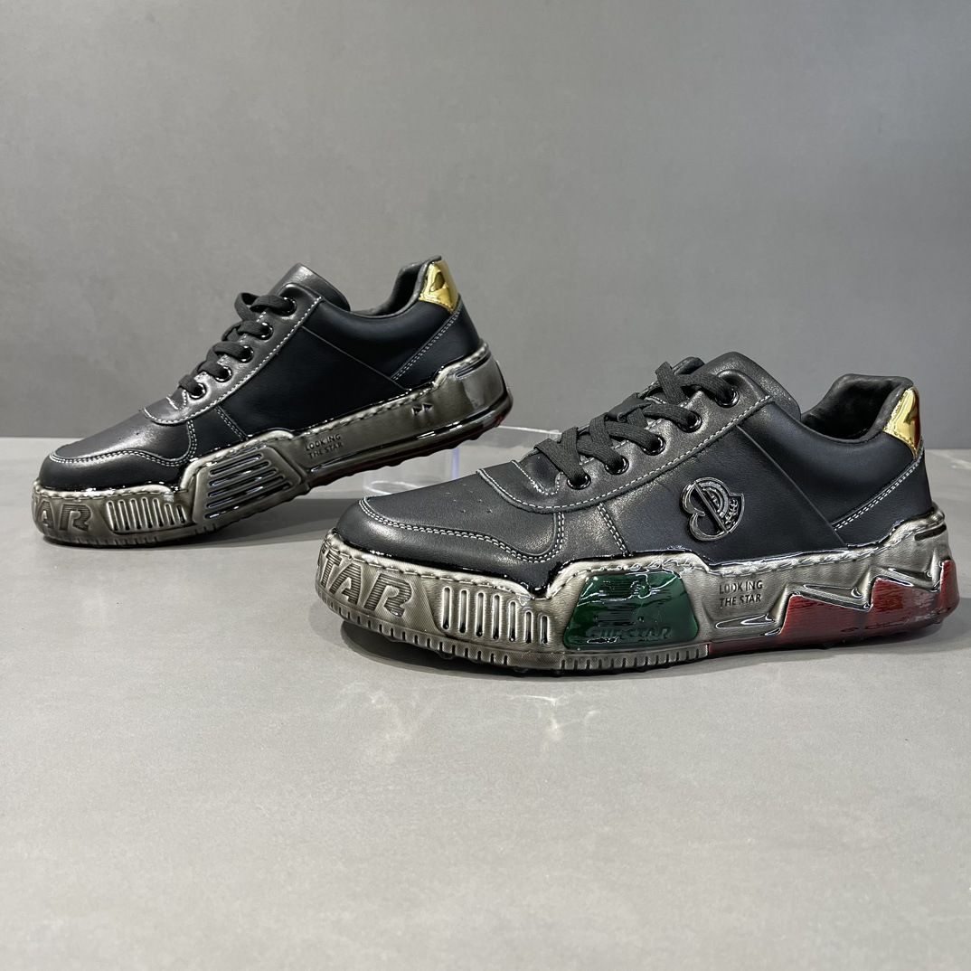 Men’s Shoes Dripping Glue Cowhide Sneakersy All Match Thick Bottom Sports Leisure Rubber Shoes_vogvips.com