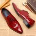 WOUFO Pointed Toe Patent Stone Business Formal British Style Trend Men's Genuine Leather Pattern Wedding Shoes_vogvips.com