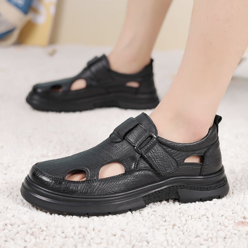 Summer Closed-Toe Velcro Hole Genuine Casual Hollow Sandals Non-Slip Breathable Dad Thick Sole Leather Shoes For Men_vogvips.com