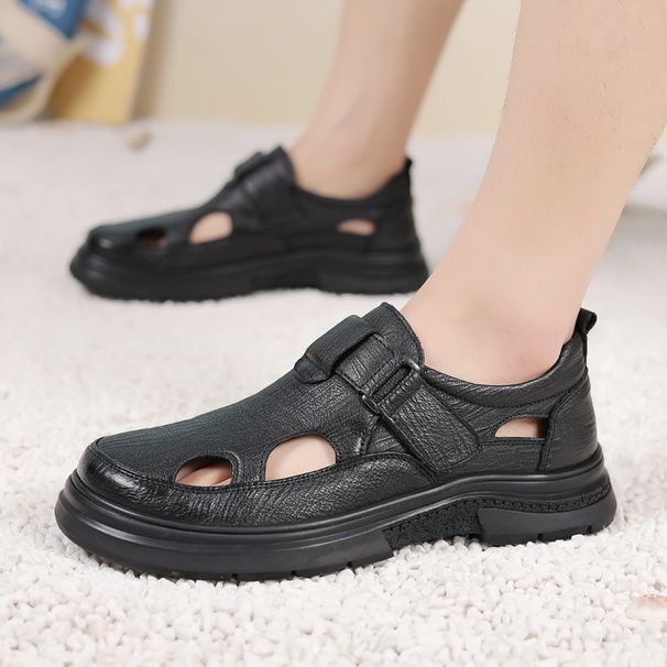 Summer Closed-Toe Velcro Hole Genuine Casual Hollow Sandals Non-Slip Breathable Dad Thick Sole Leather Shoes For Men_vogvips.com
