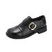 Plus-size Belt Buckle Slimming Flat Genuine Loafers For Women, Black Versatile Soft-soled Single Shoes, Soft Round-toe_vogvips.com