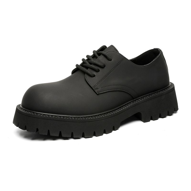 Low-top Thick-soled Heightened Round-head Derby Shoes Matte Lace-up Couple Small Leather Shoes High-end Leather Shoes_vogvips.com