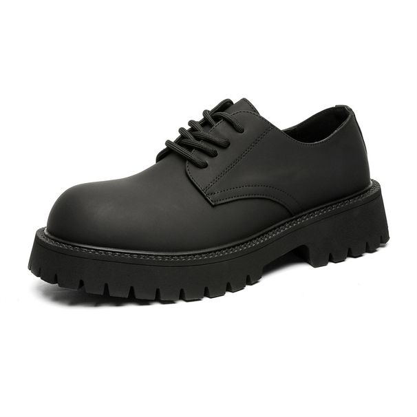 Low-top Thick-soled Heightened Round-head Derby Shoes Matte Lace-up Couple Small Leather Shoes High-end Leather Shoes_vogvips.com