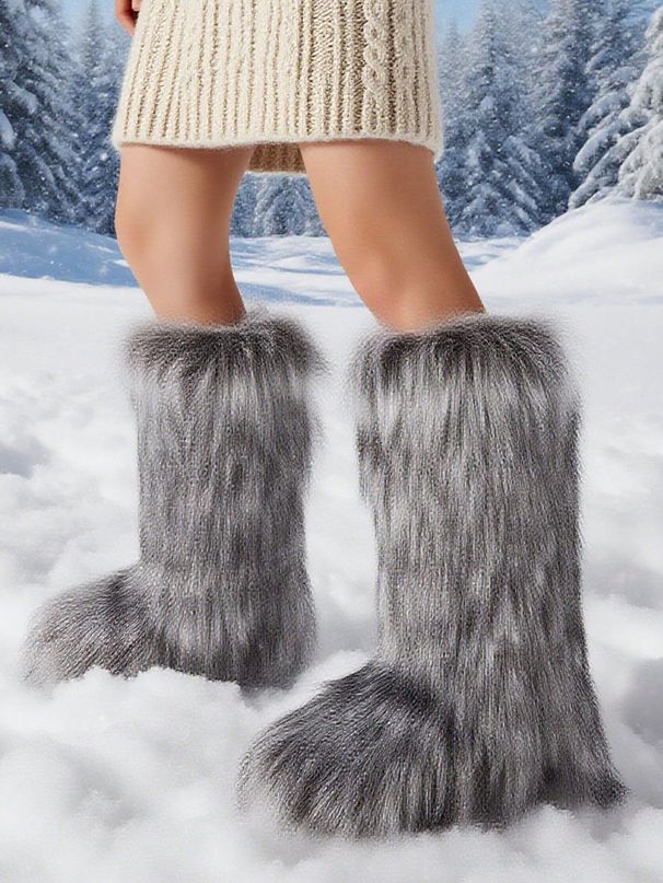 Furry Fluffy Women Snow Boots Warmplush Knee High Flats Luxury Fashion Punk Goth Cosplay Women Winter Shoes_vogvips.com
