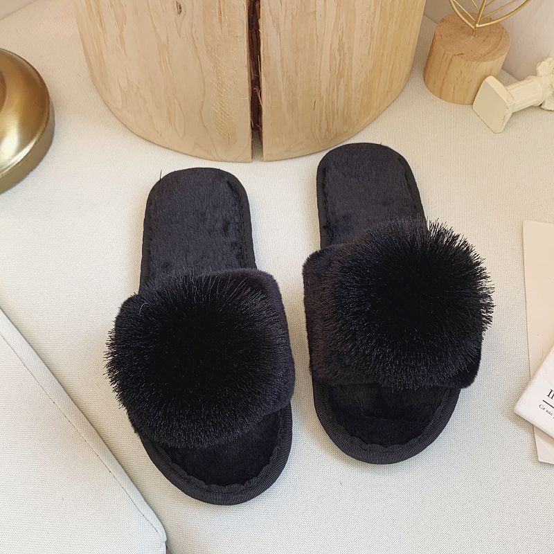 Furry With Pom-Poms, One-Word For Women, Plus Size Indoor Plush Flat Floor Slippers, Open-Toe Cotton Slippers_vogvips.com