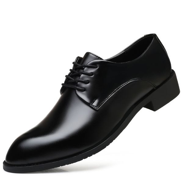 Men's Pointed Toe Dress Shoes With Hidden Wedge Heel For Business Casual & Formal Occasions - Lightweight PU Leather Oxford Shoes With Lace-Up Design_vogvips.com
