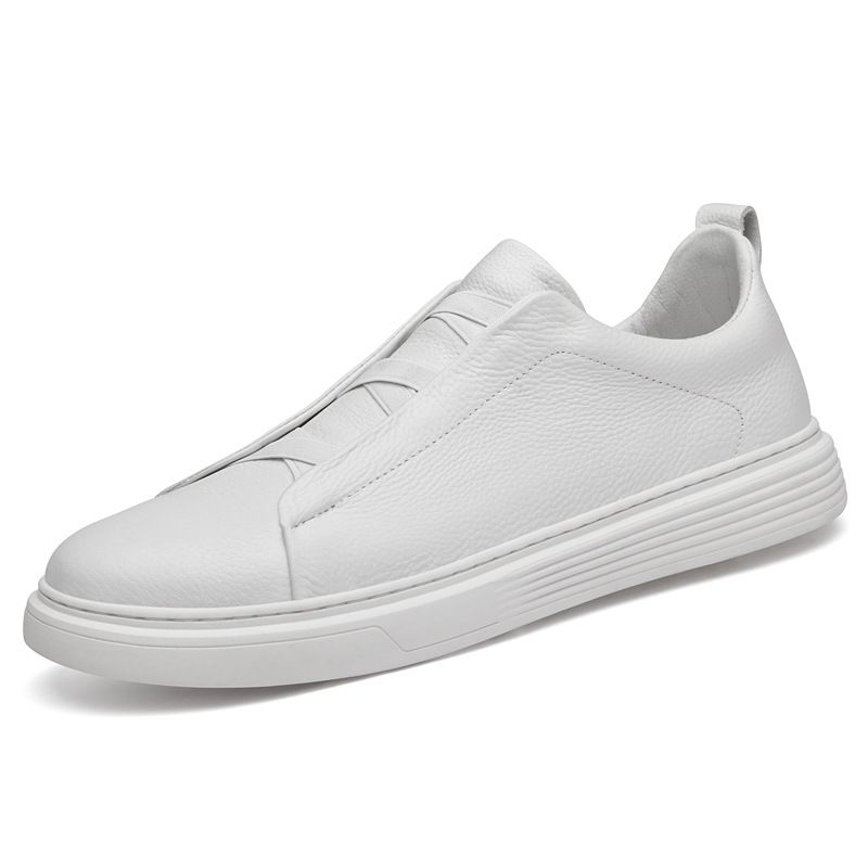 Large Size Cowhide Board Shoes Men's European Station Elastic Free Shoelaces White Shoes Casual Loafers Men's Shoes_vogvips.com