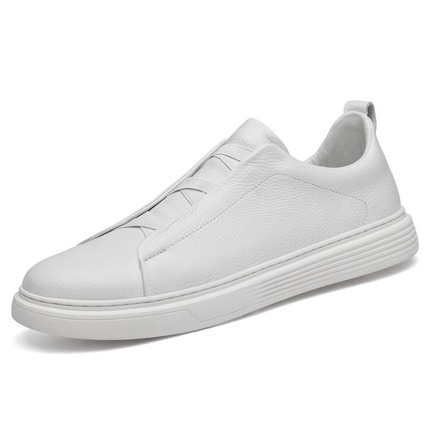 Large Size Cowhide Board Shoes Men's European Station Elastic Free Shoelaces White Shoes Casual Loafers Men's Shoes_vogvips.com