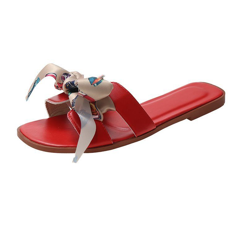 SHLIANG Colorful Ribbon Bow Flat Heel Sandals Women's Summer New Style Outer Wear Floral Pattern One-Row Slippers For Women Y0355_vogvips.com