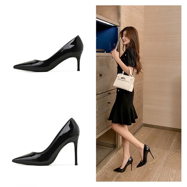 Spring New High Heels Stiletto Shallow Pointed Toe Professional Black OL Business Work Women Fashion Patent Leather_vogvips.com