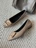 Gold Metal Square Buckle Patent Leather Square Toe Slip On Low Block Heel Pumps Casual Office Dating Commute Daily Wear Dress Shoes_vogvips.com