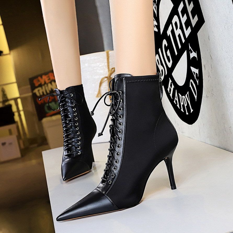 Women's Shoes Fashion Sexy Slim Women's Boots Stiletto High Heel Shallow Mouth Pointed Toe Lace Up Cross Strap Short Boots_vogvips.com