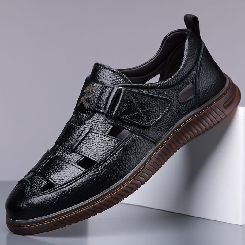 2025 Summer Genuine Breathable Hollow Casual For Men Simple Comfortable Soft Leather Hole Sandals_vogvips.com
