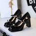 Women's Shoes Retro Style Color Block Square Toe Chunky Heel Mary Jane Shoes Women's Bow Pearl Strap Low Mouth_vogvips.com