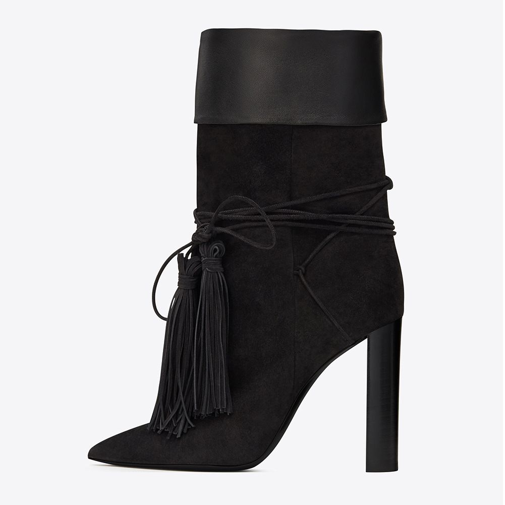European And American Hot-Selling Tassel Color-Block Chunky High Heel Short Autumn Winter Handmade Women's Pointed Toe_vogvips.com