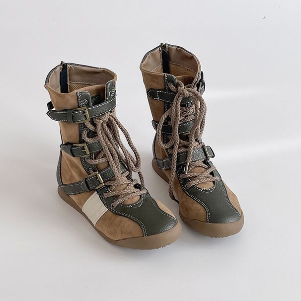 Women Boxing Boots Color Block Patchwork Lace-Up Belt Buckle Flat Training For Women 2025 Autumn Winter New Sports Shoes Boxing Boots_vogvips.com