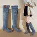 Autumn Winter New European American Style Pointed Toe Mid-Heel Denim Women's Pleated Slouch Thin Heel Slimming_vogvips.com