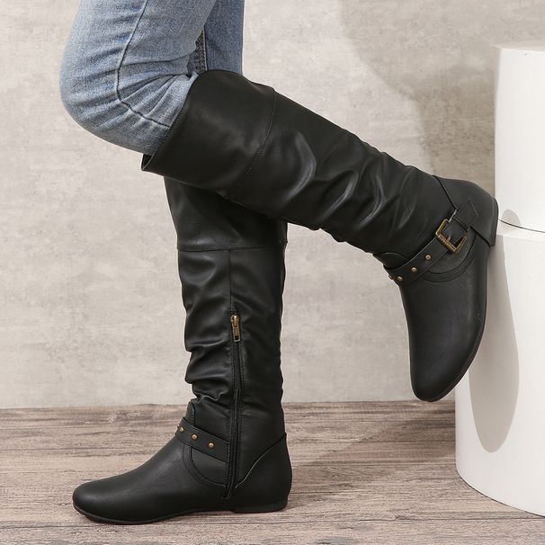Vintage Autumn Winter Fashion With Belt Buckle, Long Boots, Round Toe Women's Boots_vogvips.com