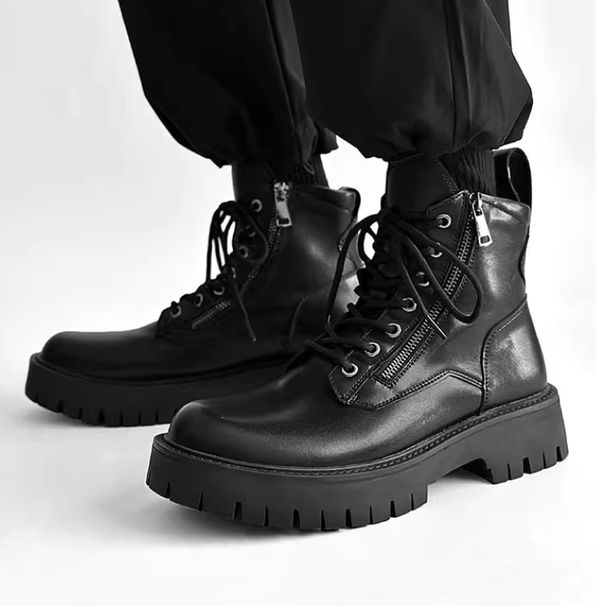 Men's Shoes Martin Boots High End Thick Soled Height Enhancing Motorcycle Work Boots Side Zipper Black High Top Leather Shoes Trendy_vogvips.com