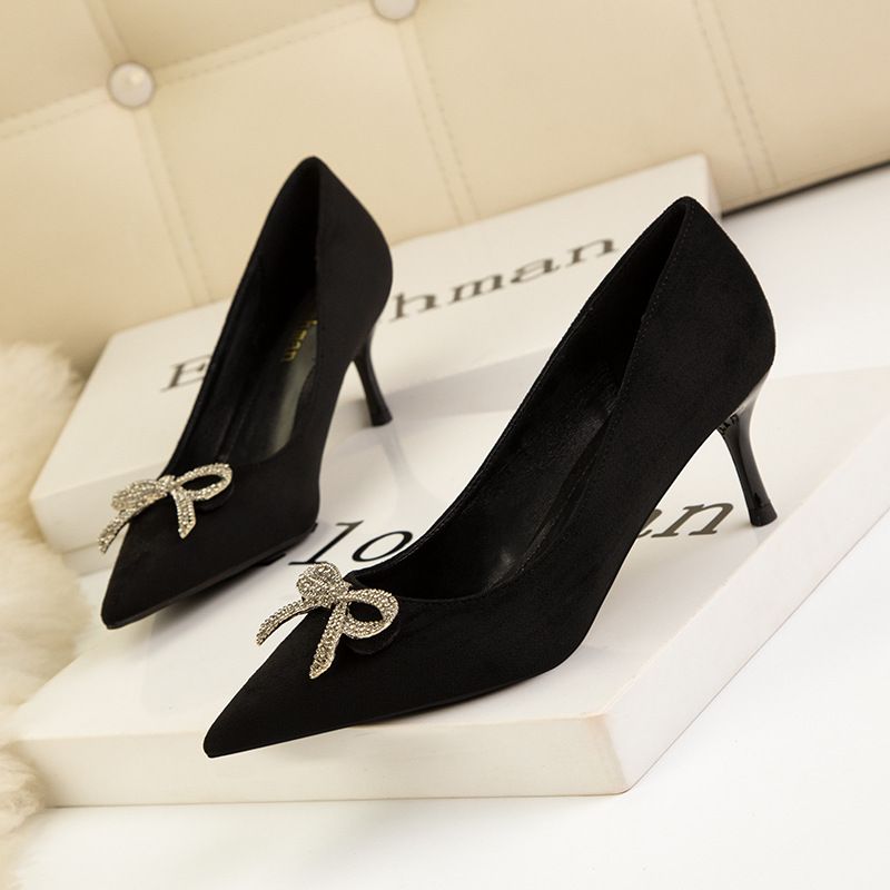 Women S Pumps Style Simple Women Stiletto High Heels Shallow Mouth Pointed Toe Rhinestone Bow Single Shoes_vogvips.com