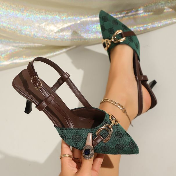 Women's High Heeled Sandals Pointed Toe Metal Chain Stiletto Heel Printed Closed Toe Size 43_vogvips.com