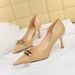 386-1 European And American Style Elegant Women's Thin Heel Shallow Mouth Pointed Toe Hollow Metal Buckle Decorated_vogvips.com