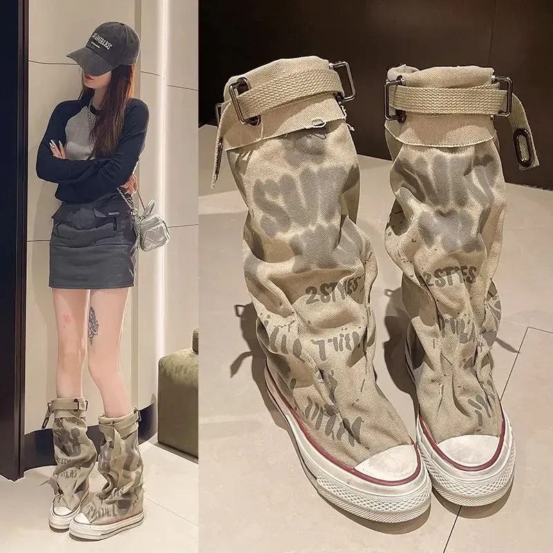 Graffiti High Top Canvas Shoes Womens Spring Wide Mid 2024 New Trouser Barrel Stacking Boots 240628_vogvips.com