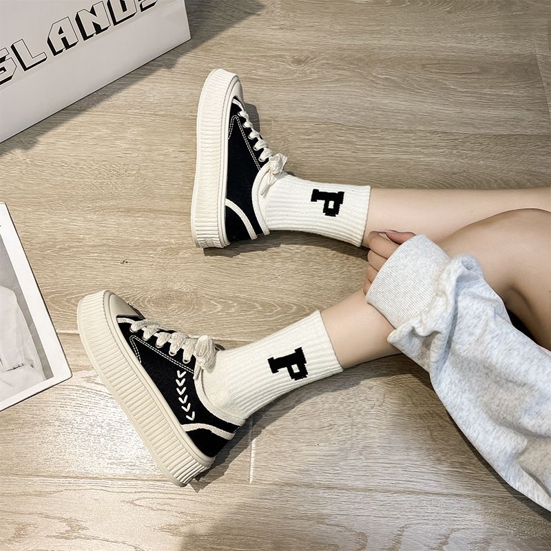 Spring New Canvas Female Student Lefu Denim Wheat Ear Casual Fashion Board Thick Sole Lace Up Single Shoes_vogvips.com
