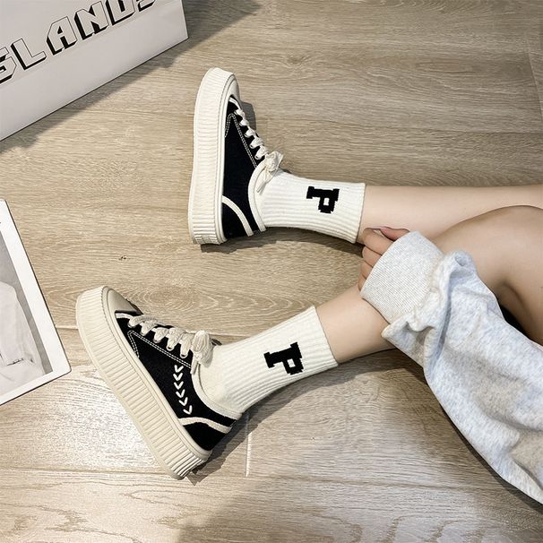 Spring New Canvas Female Student Lefu Denim Wheat Ear Casual Fashion Board Thick Sole Lace Up Single Shoes_vogvips.com