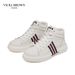 VICKI BROWN Men's White Leather High-Top Sneakers, Comfortable Casual Shoes With Striped Accent_vogvips.com