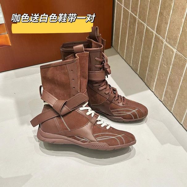 Women Boxing Boots 2025 Spring Height-Increasing Martin For Women, Brown Boxing Suede Round-Toe Lace-Up Sports Boots, Short Boots_vogvips.com