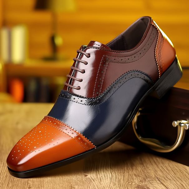 Large Size 2024 New Leather Brogue Color Block Carved Versatile British Business Formal Men's Shoes_vogvips.com